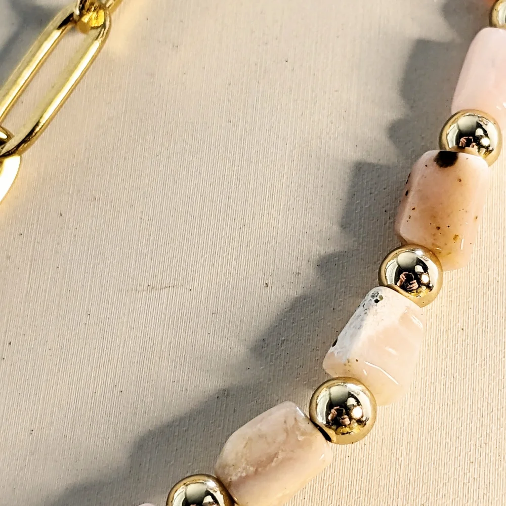 Natural Peruvian Pink Opal Beads & Pendant In Two Strand Paperclip Necklace